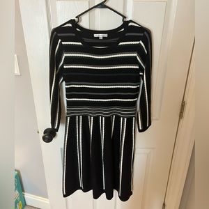 Black, white, gray, and green stripe dress